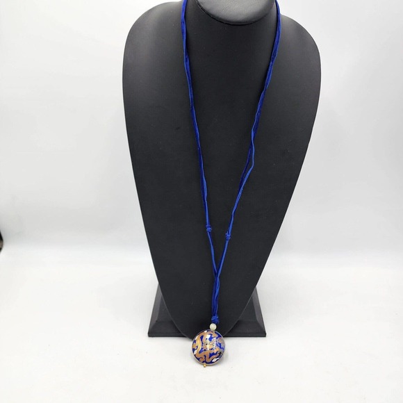 Vintage Dragon Cloisonné Blue Orange Necklace 34" Long Large Pendant - Picture 2 of 5